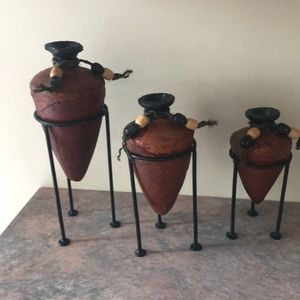 Three Piece Leather Wrapped Mexican Vases